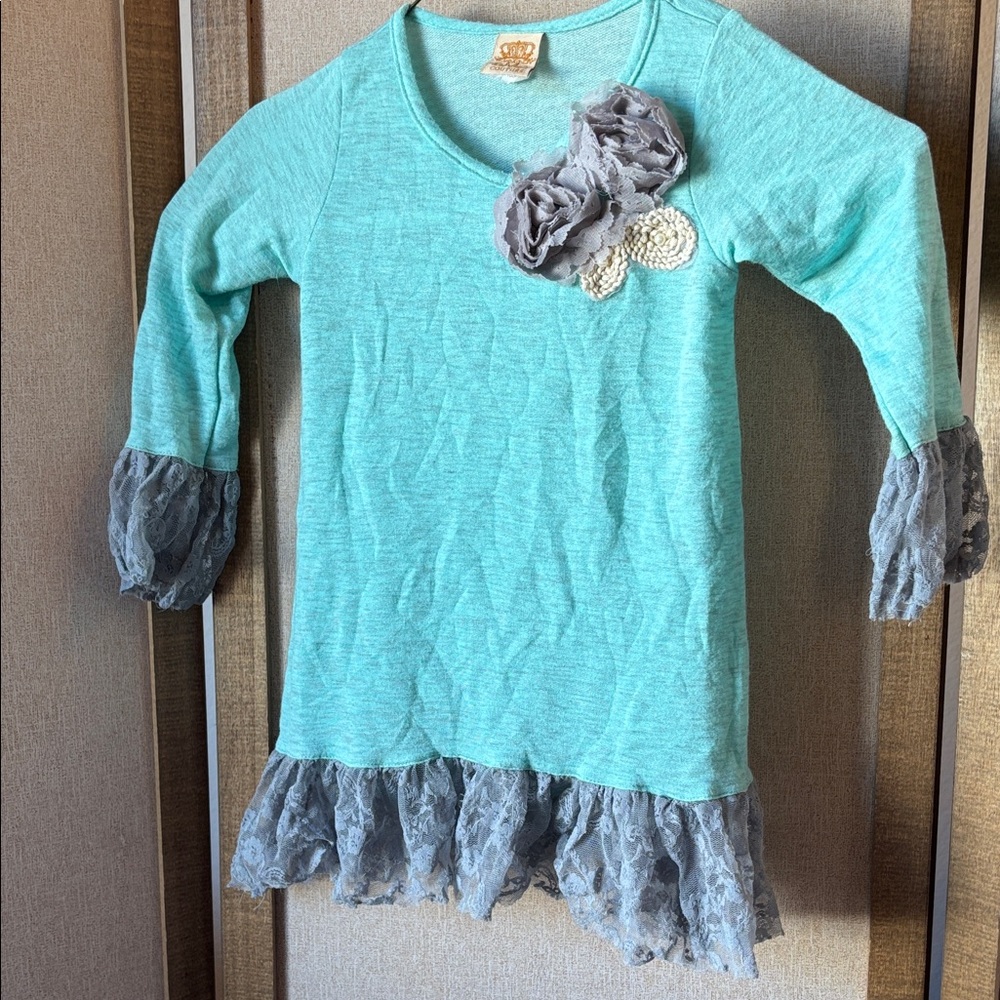 Mia belle baby Couture Aqua and Gray Floral Lace Long Sleeve Top 3t